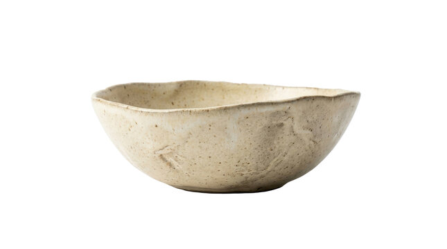 Rough textured ceramic bowl with organic shape and neutral color, studio shot, isolated on white background, artisanal dishware for display or serving.