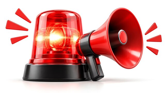 Concept SOS. Emergency call. Urgent emergency notification. Close-up 3D bell with siren and loudspeaker