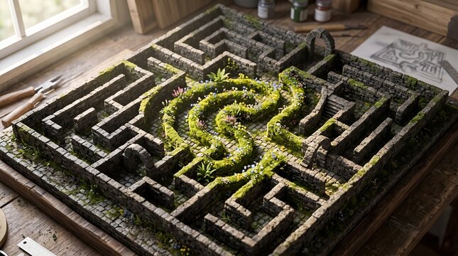 Top down isometric view of stone maze with blooming wildflowers along the path symbolizing overcoming overthinking and finding solutions