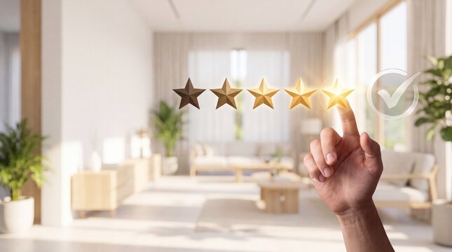 Five Star Rating, Customer Feedback and Positive User Experience. Hand Selecting Five Star Rating for Customer Satisfaction and Service Quality