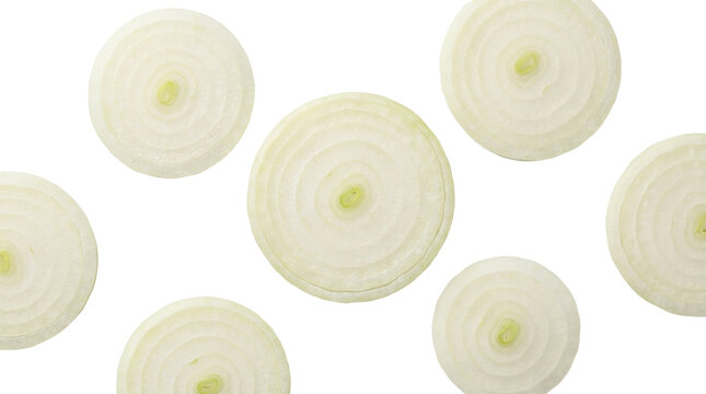 Freshly sliced white onion rings displayed against a clean white background, culinary ingredient for healthy cooking