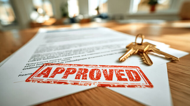 Approved Document with Keys: A close-up shot of a document with an APPROVED stamp and a set of keys resting on a wooden surface, symbolizing a successful transaction or agreement.