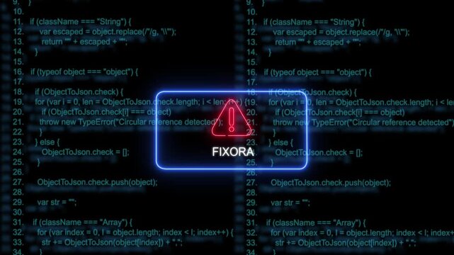Dynamic digital warning sign featuring glowing neon red alert and fixora branding overlaying scrolling software source code background, for cybersecurity, programming, and technical error concepts