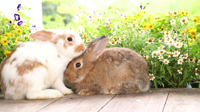Title	
Group of adorable baby rabbits sitting in a row on green grass. Cute fluffy newborn bunnies lined up on a green lawn outdoors. Side view of lovely baby rabbit resting together on a sunny day. 