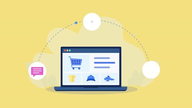 Flat vector animation showing cloud ecommerce with a laptop shopping interface, products, global network, location pin, and communication icons on a soft yellow background.