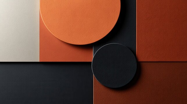 Geometric composition featuring layered circles and rectangles in muted terracotta