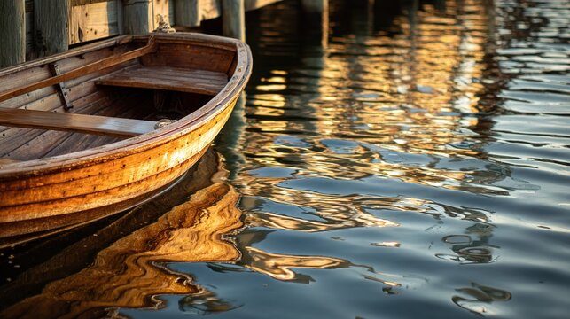 rowboat. The gentle ripple of a wooden rowboat's reflection in dock water, its oarlocks visible under golden hour light. travel magazines.