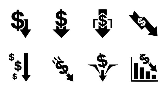 Dollar Sign Downward Arrows: Financial Loss, Recession, Budget Cuts, Economic Decline Icons