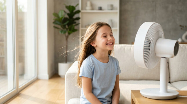 Little Girl Cooling Down with Electric Fan in Summer Heat at Home, Child Enjoying Fresh Air Indoors