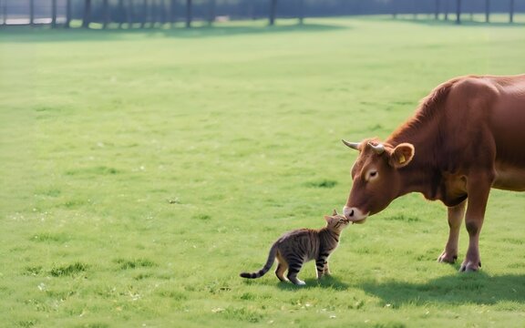 A brown cow and a small cat touching noses in a green pasture.