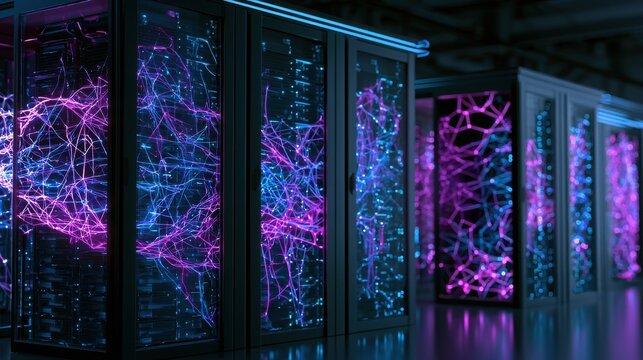 Data center server racks glowing with digital network connections