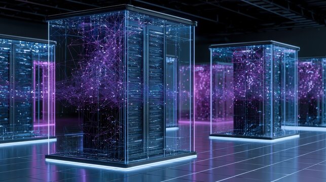 Futuristic server racks with glowing data networks in a dark room