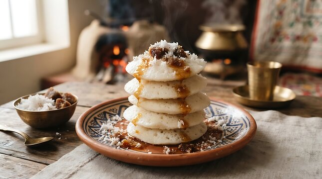 Stack of traditional Bengali pitha dessert with jaggery and coconut