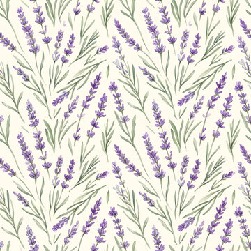 Watercolor lavender pattern with purple flowers, seamless botanical floral background, elegant vintage lavender sprigs design for packaging