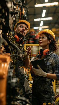 Industrial Collaboration: A male and female engineer in hard hats and safety gear collaborate on a complex machinery project, referencing a tablet for data while standing in a factory setting.