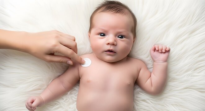 Mother applying a medical adhesive sensor patch on newborn baby chest