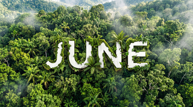 June calendar month text in lush green tropical rainforest jungle canopy