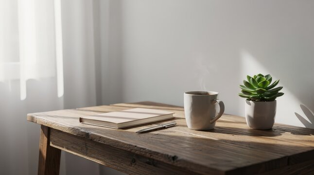 Minimalist Workspace with Steaming Coffee Mug and Succulent on Rustic Wooden Table in Sunlit Room, Soft Natural Light, Open Notebook and Pen, Warm Neutral Tones, Capturing Calm and Focus