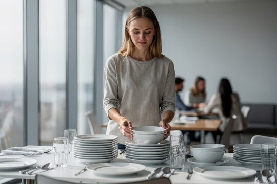 Focused Young Woman Organizing White Dinnerware in Bright Modern Dining Area, Natural Light Streaming Through Large Windows, Colleagues in Background, Minimalist Design, Capturing Calm Efficiency and
