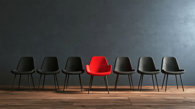 One Red Chair Amongst Many Black: A single vibrant red chair stands out boldly amidst a row of identical black chairs, symbolizing individuality, leadership.