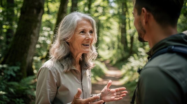Elderly Woman Engaging in Lively Conversation with Companion on Sunlit Forest Path, Dappled Light Through Lush Greenery, Warm Smiles and Gestures, Natural Harmony and Connection
