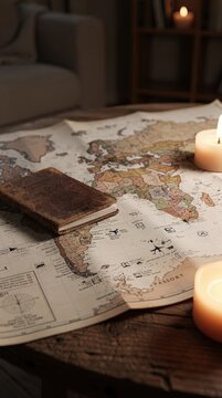 Vintage World Map with Leather-Bound Journal and Lit Candles on Wooden Table in Cozy Living Room, Warm Ambient Lighting, Soft Shadows, Earthy Tones, Capturing Nostalgia and Wanderlust
