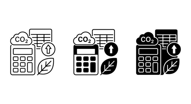 Carbon Footprint Calculator Icons, CO2 Emissions Tracking, Eco-Friendly Accounting Set