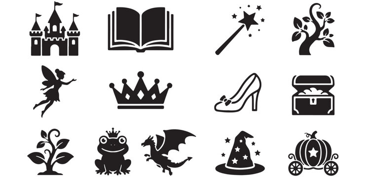Fairy tale silhouettes collection with magic wand castle dragon frog prince princess crown glass slipper and pumpkin. vector Illustrator Eps 10