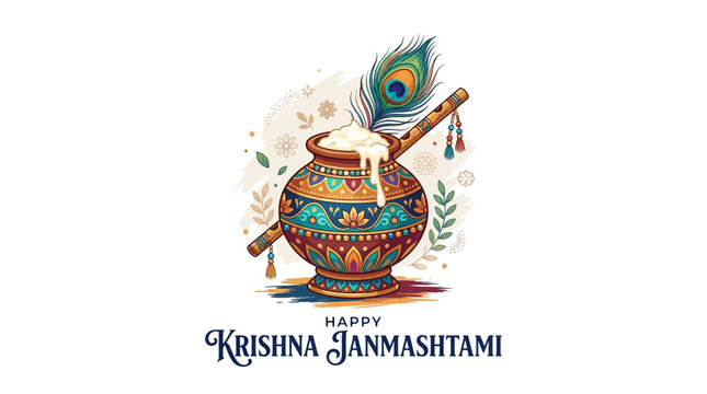 Krishna Janmashtami Pot with Peacock Feather and Flute | Hindu Festival Art