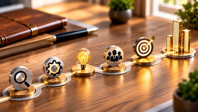 Illuminated business strategy workflow icons on corporate desk representing sequential process from research to financial growth