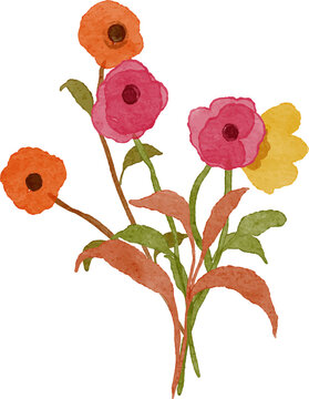Watercolor floral illustration of a bouquet with pink orange and yellow flowers and green leaves rendered in a loose artistic style with a transparent background.