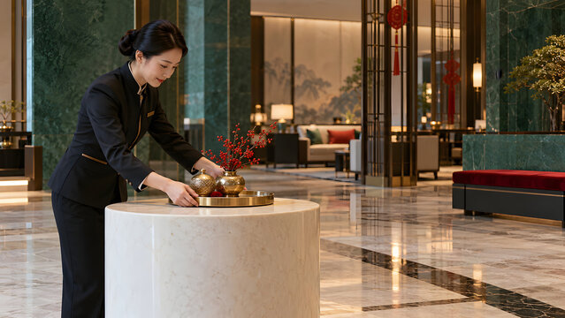Hotel staff member arranges decorative items on marble table in luxurious lobby, showcasing elegance and attention to detail