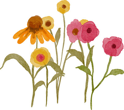 Watercolor painting of a vibrant bouquet of wildflowers in pink yellow and orange hues with delicate green leaves and stems isolated on a white background.