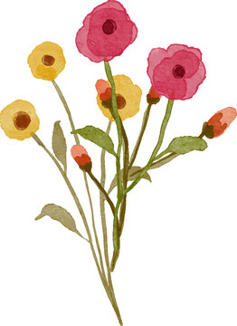 Watercolor floral illustration of a bouquet of pink and yellow flowers with green leaves and buds isolated on white background