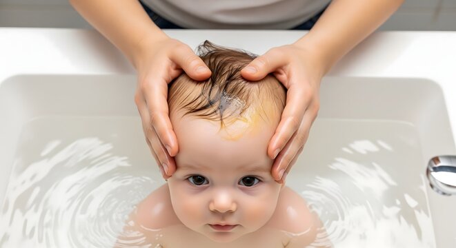 Mother washing baby head with shampoo in white sink at home