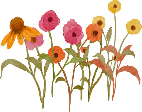 Watercolor illustration of a vibrant garden with various colorful flowers and green leaves painted in a loose expressive style with a transparent background.