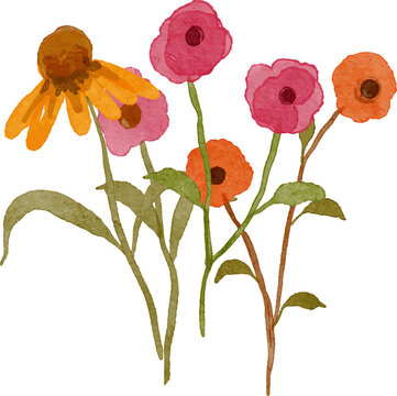 Watercolor illustration of a cluster of vibrant wildflowers in shades of orange pink and yellow with delicate green leaves and stems isolated on a transparent background.