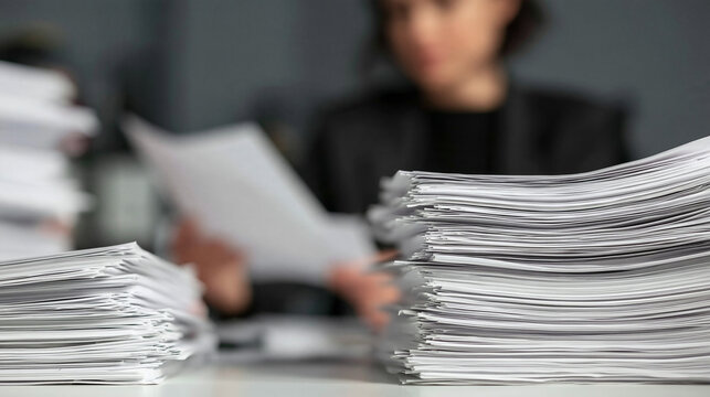 Paperwork Overload: A blurred background shows a focused individual amidst towering stacks of documents, symbolizing the overwhelming nature of administrative tasks and deadlines.