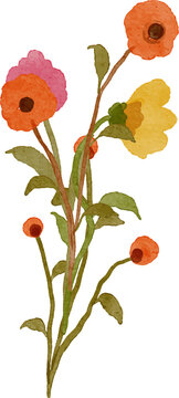 Watercolor illustration of a delicate floral branch with vibrant orange pink and yellow flowers and green leaves isolated on white.