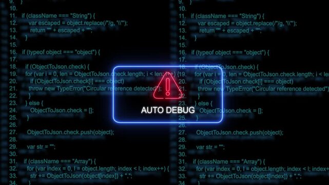 Advanced auto debugging system interface featuring glowing neon warning overlaid on scrolling software source code background, for software development, and cybersecurity technology projects