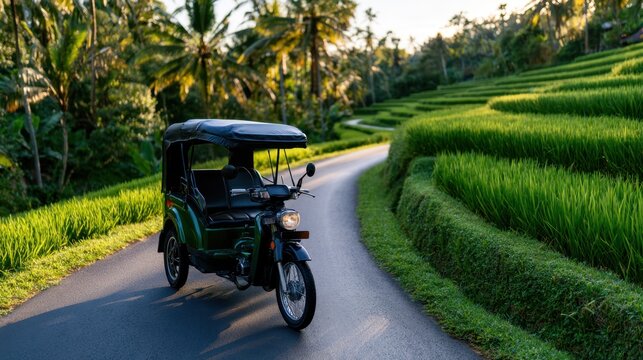 A three-wheeled vehicle navigates a winding road surrounded by lush green rice terraces under sunlight