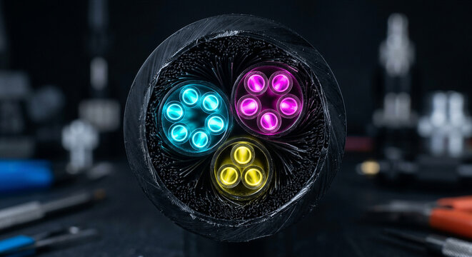 Fiber optic cable severed cross section with multiple microscopic glass cores glowing with neon cyan and magenta light rays, telecommunications network data transfer macro photograph