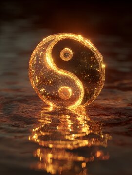 Yin yang water light energy symbolic balance healing connection golden glow abstract spiritual harmony soft aura emotional depth luminous flow calm reflective background