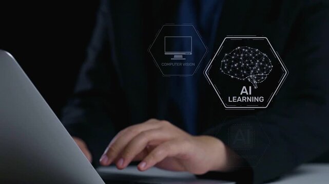 AI learning system involves deep learning, supervised machine learning, and natural language processing. AI learning diagram shows how AI advances learn in automation and data processing. Elide