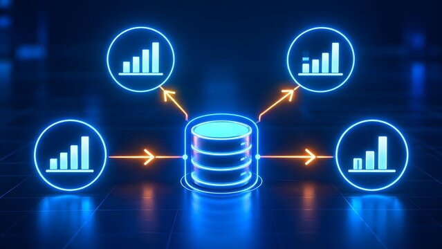 Abstract digital data flow visualization with glowing neon database icon and bar chart nodes connected by orange arrows on dark blue background