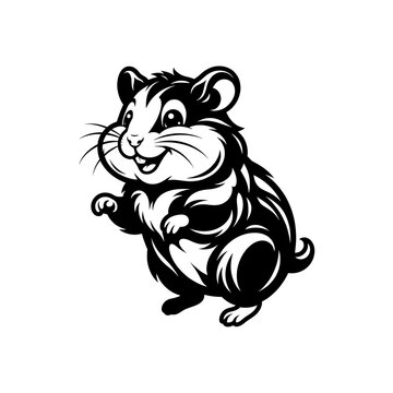 A charming black and white vector illustration of a cute little hamster standing on its hind legs with a happy expression, perfect for children's books, logos, stickers, 