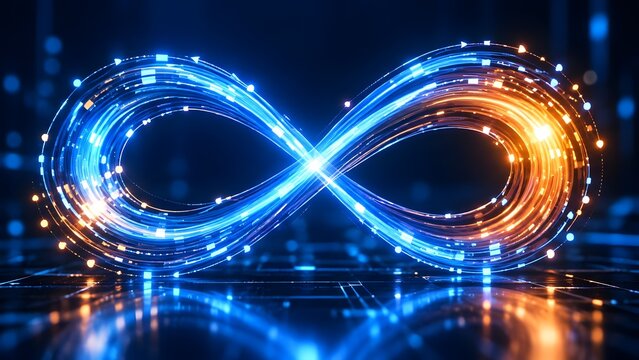Abstract infinity symbol formed by glowing blue and orange light trails with digital particles on a dark technological background representing endless possibilities and