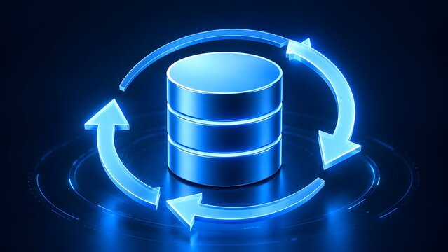 Abstract 3D render of a glowing blue database cylinder surrounded by a circular arrow icon representing data synchronization backup or continuous process.