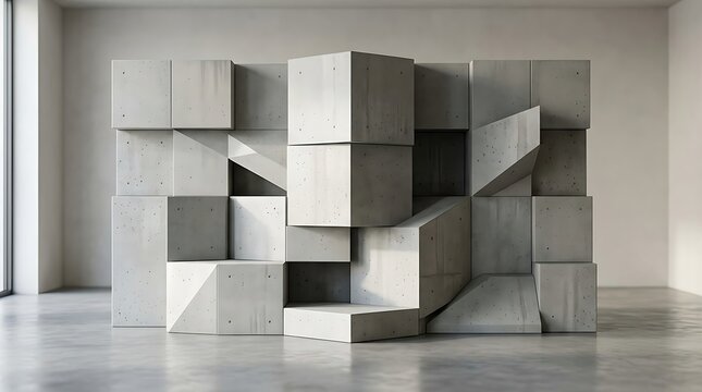 Geometric concrete sculpture with light and shadow in an empty room