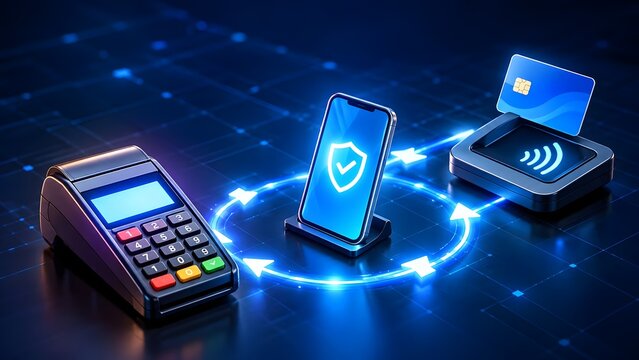 Secure contactless payment transaction with credit card smartphone and POS terminal digital network background financial technology concept